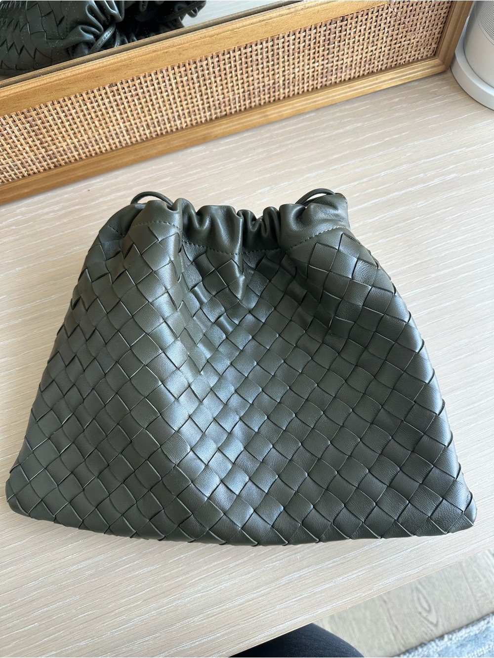 Leather Woven Drawstring Purse in Olive Green - Picture 6 of 6